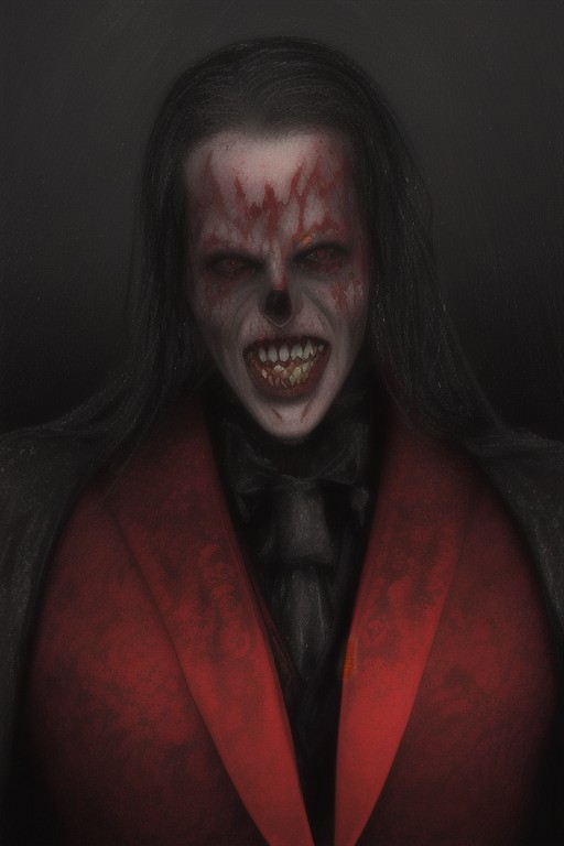 An elegant vampire man dressed in tuxedo and an elaborated medieval black and red coat, blood in fangs, HD resolution