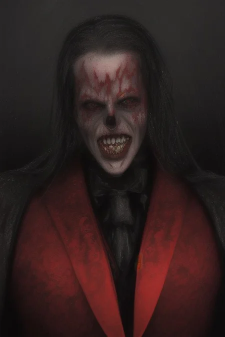 An elegant vampire man dressed in tuxedo and an elaborated medieval black and red coat, blood in fangs, HD resolution