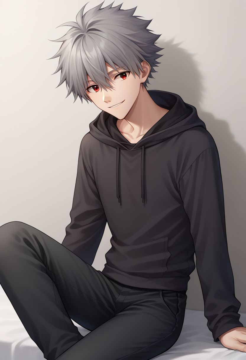 score_9, score_8_up, source_anime, highly detailed, 1boy, solo, male_focus, skinny,
kaworu, 1boy, male focus, solo, red eyes, grey hair, smile, 
 black pants, hoodie, hood, hood up,
indoor, sit,
