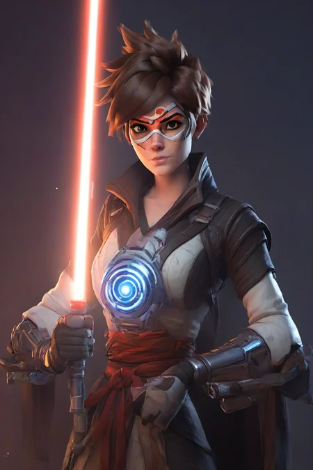 PETracerOW,<lora:PE_TracerOverWatch:1>,
portrait of tracer,freckles,outfit,
wearing sith lord clothes,robe,holding a light saber