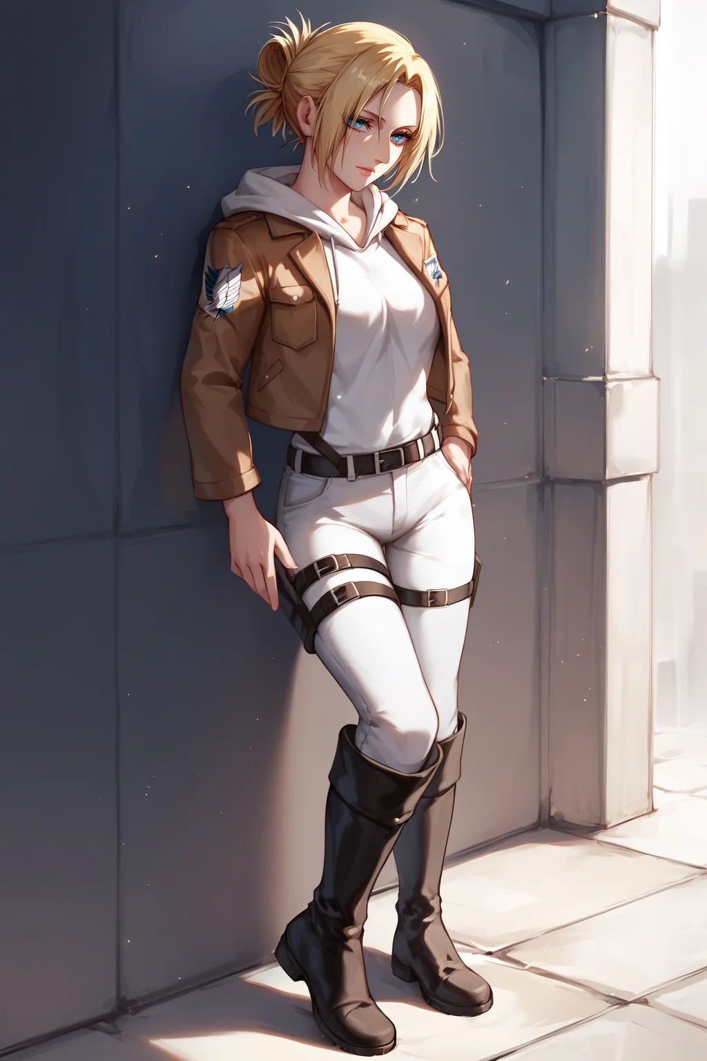 score_9, score_8_up, score_7_up, BREAK source_anime, <lora:annie leonhardt-PonyXL-lora-Faxtron:0.8> annie leonhardt, single hair bun, white hoodie, open cropped brown jacket, white pants, survey corps \(emblem\), boots,