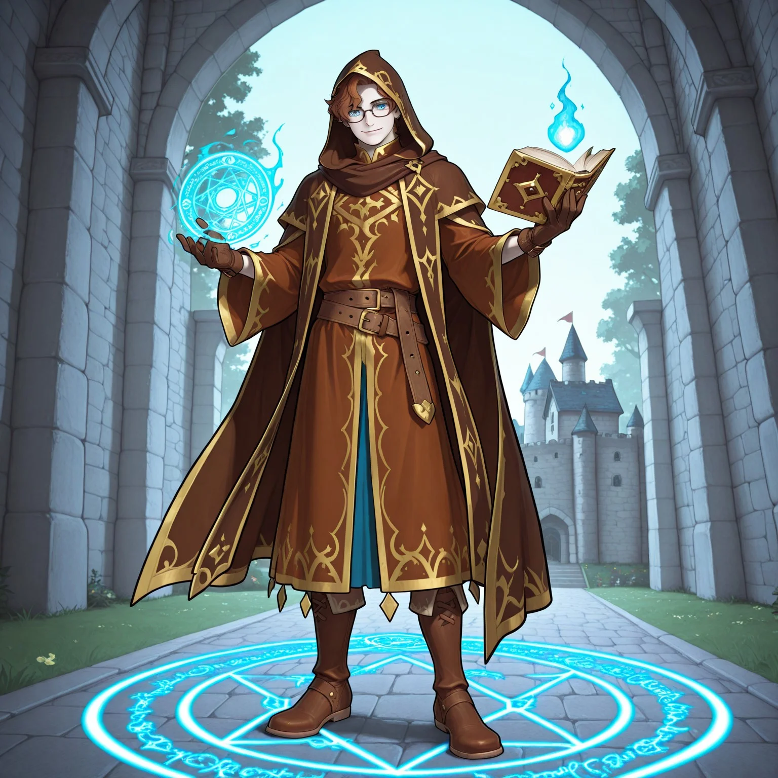 1boy, male, solo, full body, perfect anatomy, easynegative, clear eyes, BREAK 

[1boy, (Human), twink, pale skin, short hair, fluffy hair, brown hair, blue eyes, (glasses), burgandy hooded robe, hood up, brown boots, gloves, holding spellbook], BREAK

Castle, clear sky, smile, combat pose, look at viewer, magic circle, glow, summon elemental, BREAK

masterpiece, perfect quality, best quality, perfect anatomy, absolutely eye-catching, homoerotic, BREAK

((4k,8k,Ultra HD)),((Masterpiece :1.2)),((Best quality :1.2)),((Detailed :1.5)),((Detailed background :1.5))