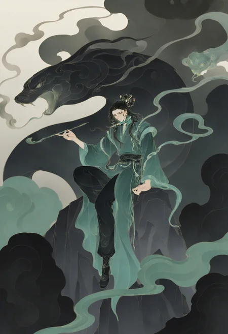 Prompt: Return of the Mount Hua Sect, tang bo \(return of the mount hua sect\), highres, 1boy, black hair, black hanfu, black nails, black pants, chinese clothes, closed mouth, colored extremities, giant snake, green robe, grey eyes, hair bun, hair ornament, hair stick, hanfu, holding, holding smoking pipe, kiseru, long hair, long sleeves, looking at viewer, male focus, on rock, oversized animal, pants, robe, rock, sitting, smile, smoke, smoking pipe, snake, solo, wide sleeves,
Negative prompt: nsfw, worst quality, old, early, low quality, lowres, signature, username, logo, bad hands, mutated hands, mammal, anthro, furry, ambiguous_form, feral, semi-anthro, bad anatomy, bad proportions, extra limbs, extra digit, extra legs, disfigured, missing arms, too many fingers, fused fingers, missing fingers, unclear eyes, watermark, nail polish, nail, multicolored nails, speech bubble, ai-generated,
Size: 832x1216,
Seed: 2413788547,
Model: noobaiXLNAIXL_epsilonPred11Version,
Steps: 30,
Sampler: ,
KSampler: euler_ancestral,
Schedule: simple,
CFG scale: 4.5,
Guidance: 3.5,
VAE: Automatic,
Denoising strength: 0.25,
Clip skip: 2,
LoRA: mythforill-000207:0.95,
Hires resize: 1248x1824,
Hires steps: 20,
Hires upscaler: 4x-AnimeSharp