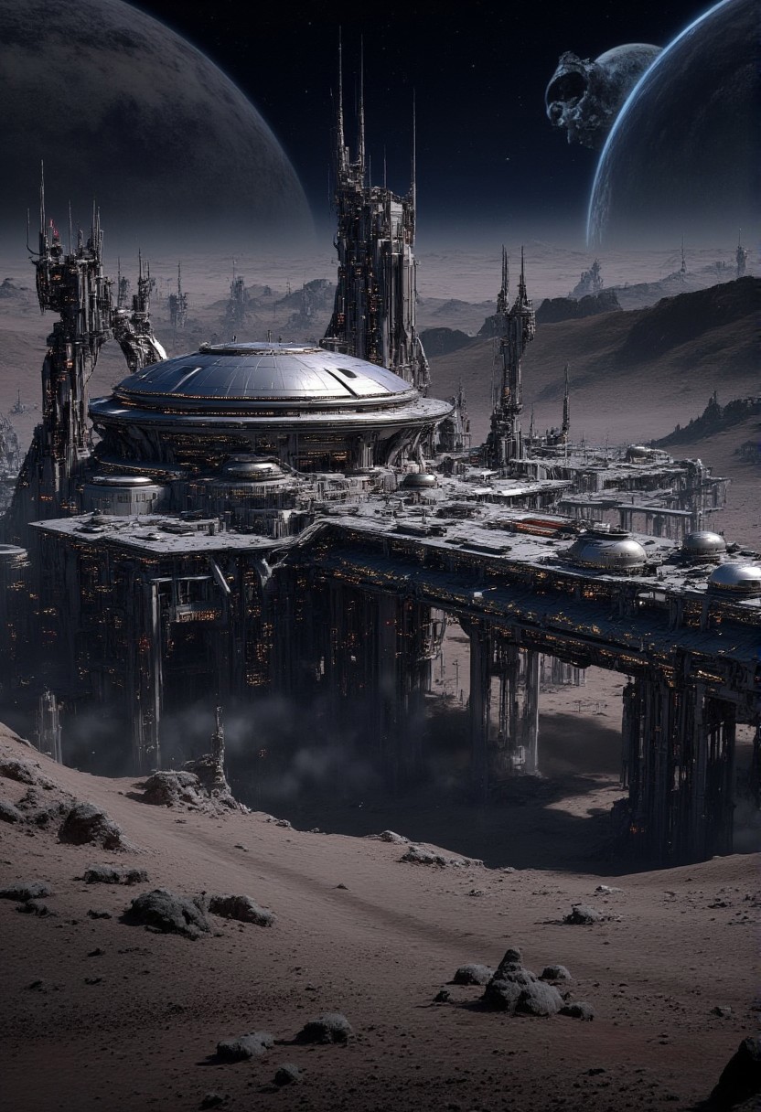 masterpiece oil painting, landscape of a futuristic sci-fi moon base, gleaming metals and ceramics, domes, cratered environment, dusty, thin haze, a large planet dominating the skyline
