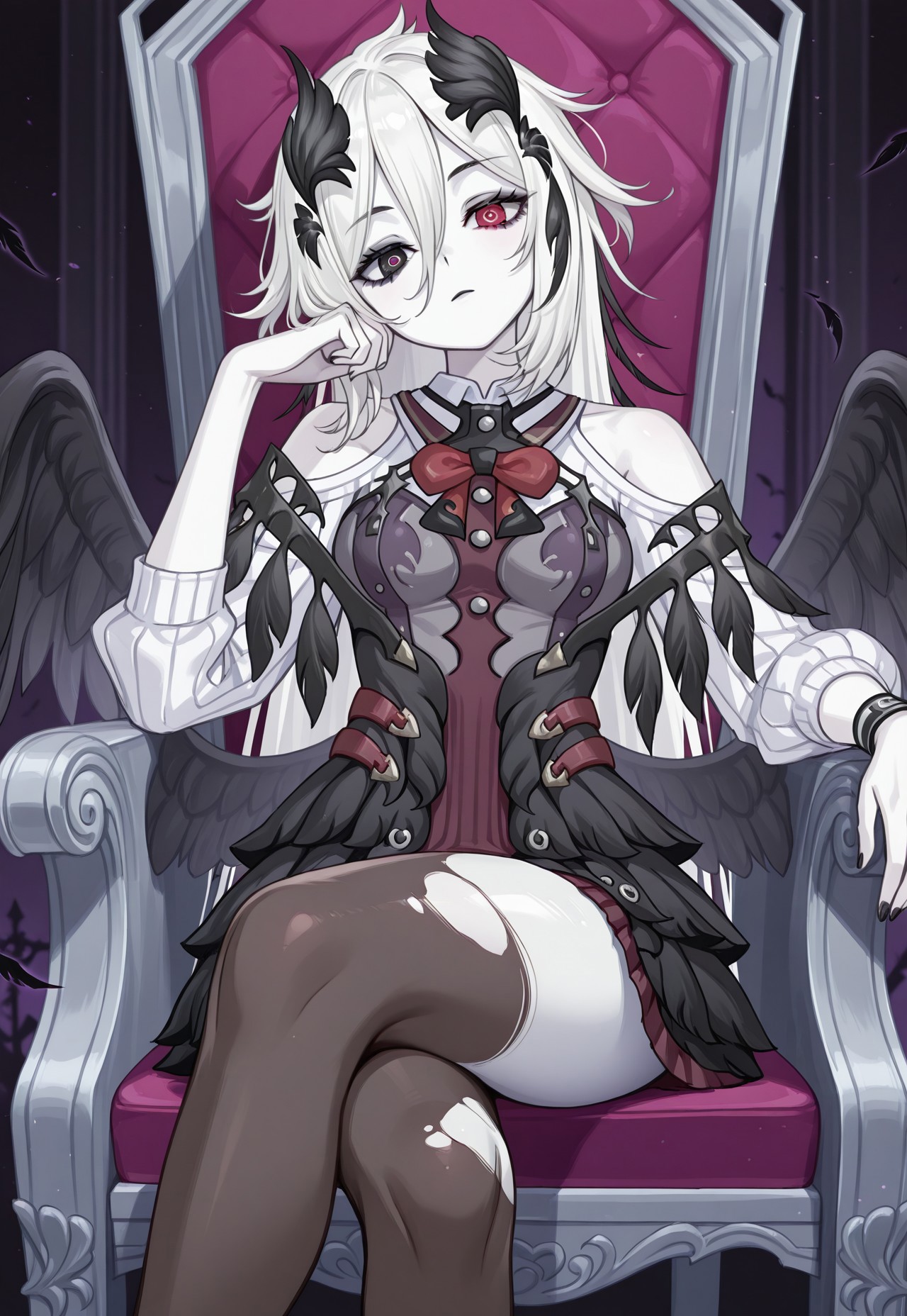 safe_pos, masterpiece, best quality, good quality,
1girl, nemo nevermore, heterochromia, white hair, streaked hair, head wings, black wings,
medium breasts, white skin, dress, shoulder cutout, red bow,
white shirt, layered skirt, torn pantyhose,
sitting, throne, crossed legs,
looking at viewer, head tilt, head on hand,