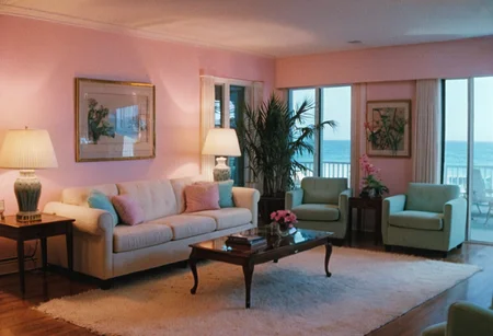 MiamiVice, living room, indoors, highly detailed, 4K, (bright stylish grainy analog 35mm film photo)