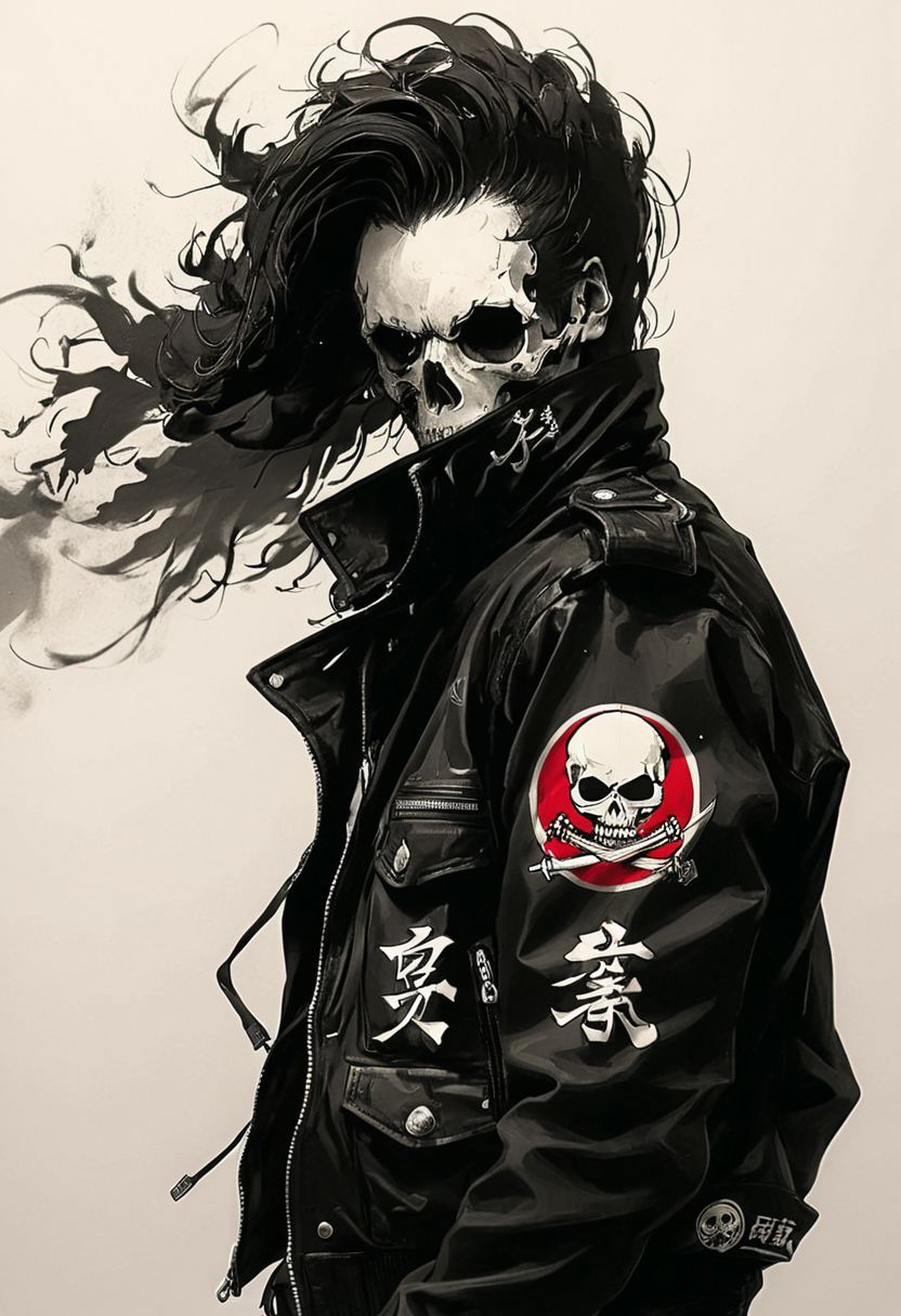 assassinkahb style, a black and white photo of an assassin wearing a motorcycle jacket with japanese writing on the back, solo, simple background, 1boy, white background, jacket, monochrome, upper body, greyscale, male focus, long hair in wind, weapon, clothes writing, skull, skeleton, japanese flag