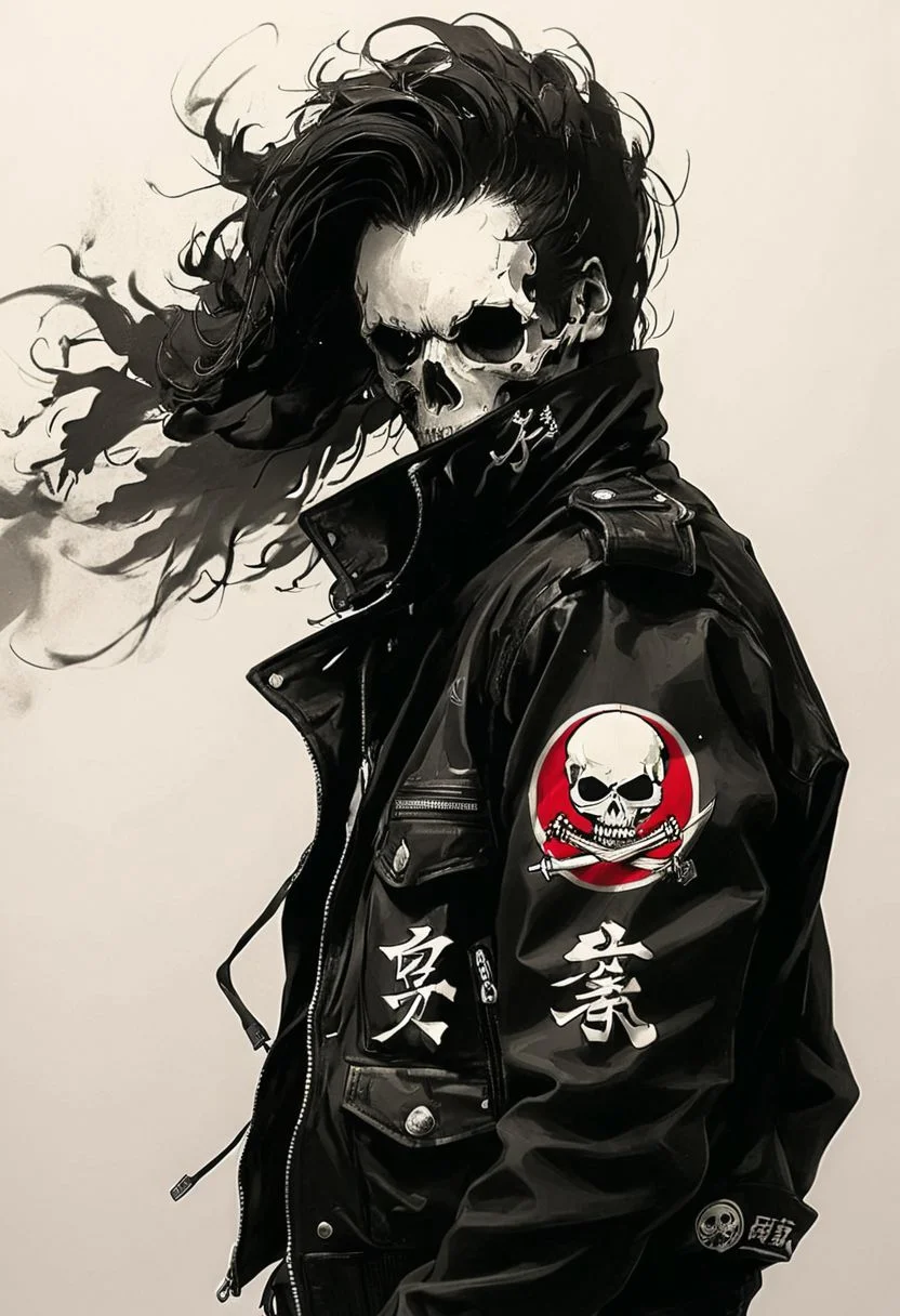 assassinkahb style, a black and white photo of an assassin wearing a motorcycle jacket with japanese writing on the back, solo, simple background, 1boy, white background, jacket, monochrome, upper body, greyscale, male focus, long hair in wind, weapon, clothes writing, skull, skeleton, japanese flag