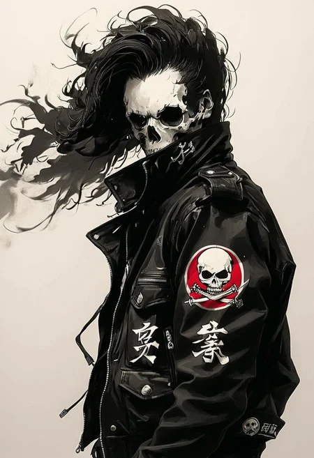 assassinkahb style, a black and white photo of an assassin wearing a motorcycle jacket with japanese writing on the back, solo, simple background, 1boy, white background, jacket, monochrome, upper body, greyscale, male focus, long hair in wind, weapon, clothes writing, skull, skeleton, japanese flag