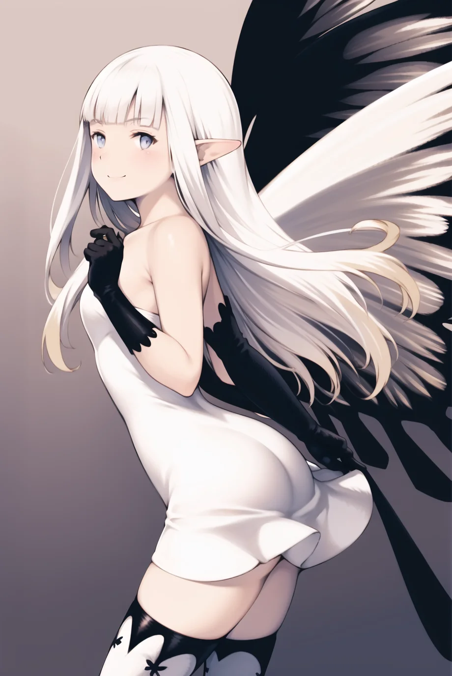 yoshida akihiko,
1girl, airy \(bravely default\), arched back, bangs, black thighhighs, blonde hair, blunt bangs, butterfly wings, dress, fairy, gloves, long hair, multicolored hair, no nose, pointy ears, smile, solo, strapless, strapless dress, thighhighs, white dress, white hair, wings, bravely default: flying fairy, bravely default \(series\)
<lora:yoshida_akihiko_offset:1>