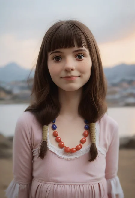 score_9, score_8_up, score_7_up, masterpiece 
BREAK 
1girl, (ctiansay0:1.2), pink dress, necklace, fringe 
BREAK 
looking at viewer, blurred background, Manic Pixie, Pretty Face, seductive, (cute smile:0.6), FOV medium shot