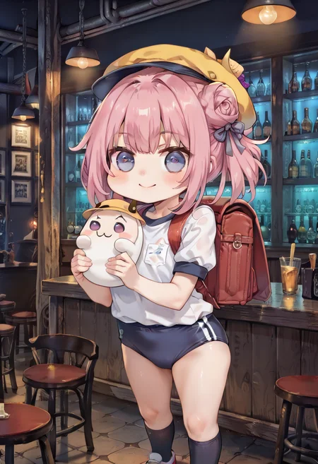 score_9,score_8_up,score_7_up,8k,doro,creature,:3,chibi,pink hair,purple eyes,hair bun,hair bow,no humans,white skin,solid circle eyes,no pupils,<lora:Doro_X_PDXL_V1:0.8>,ruanyi0729,indoors,bar \(place\),<lora:0729 late night bar_v1_pony:1>,<lora:0159 adult student dream_v1_pony:0.8>,ruanyi0159,randoseru,gym uniform,backpack,yellow hat,school hat,