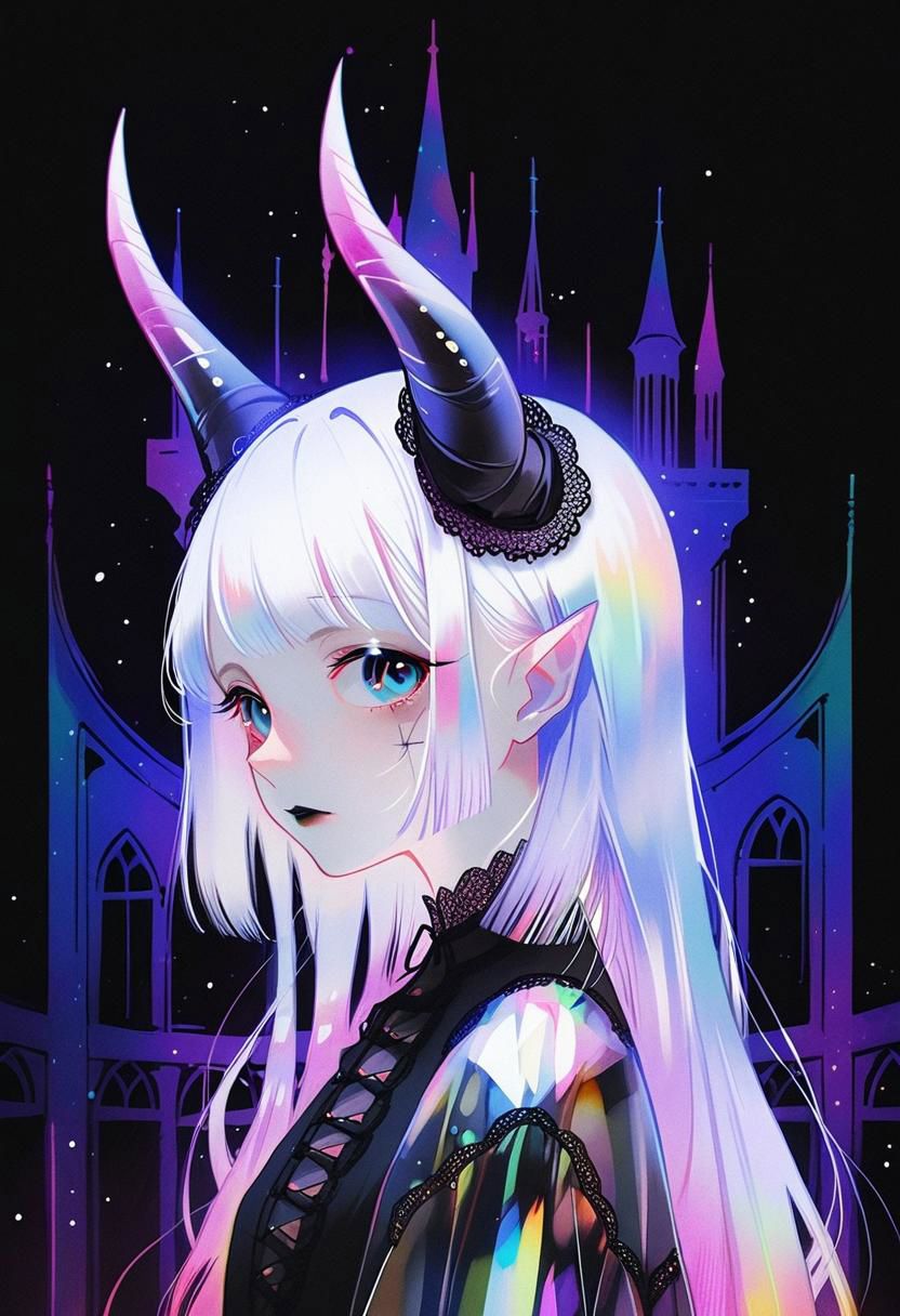 by ajimita,
 pale demon girl , prismatic coloring, holographic vibe, chromatic black lace blouse, gothic background, (long straight horns:1.2)