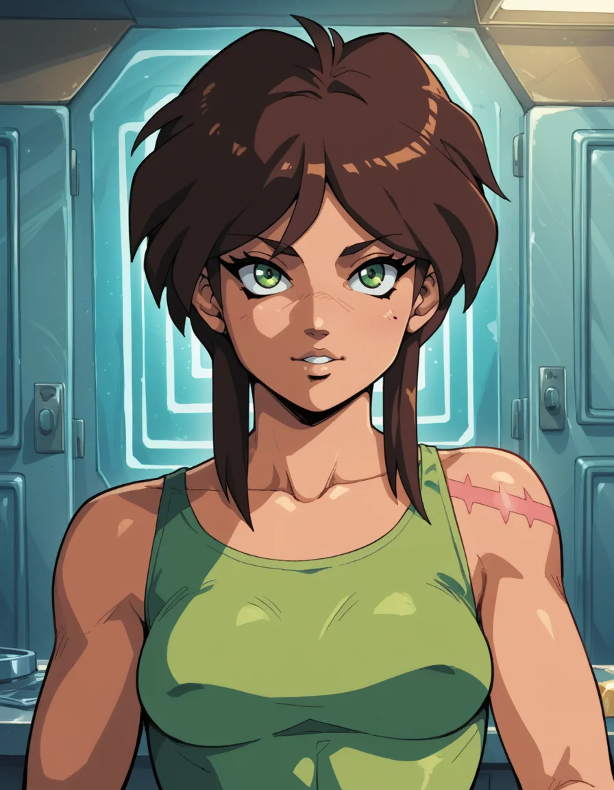 Pop Art style, score_9, score_8_up, score_7_up, score_6_up, score_5_up BREAK ot0m, 1girl, green eyes, brown sidelocks hair, looking at viewer, <lora:OtaKingMondayAshlinPDXL16v1.6tx1-000008:0.9>, Bright colors, bold outlines, popular culture themes, ironic or kitsch
