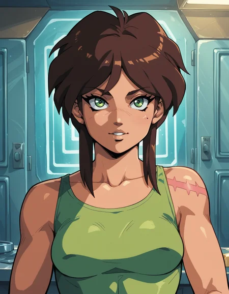 Pop Art style, score_9, score_8_up, score_7_up, score_6_up, score_5_up BREAK ot0m, 1girl, green eyes, brown sidelocks hair, looking at viewer, <lora:OtaKingMondayAshlinPDXL16v1.6tx1-000008:0.9>, Bright colors, bold outlines, popular culture themes, ironic or kitsch