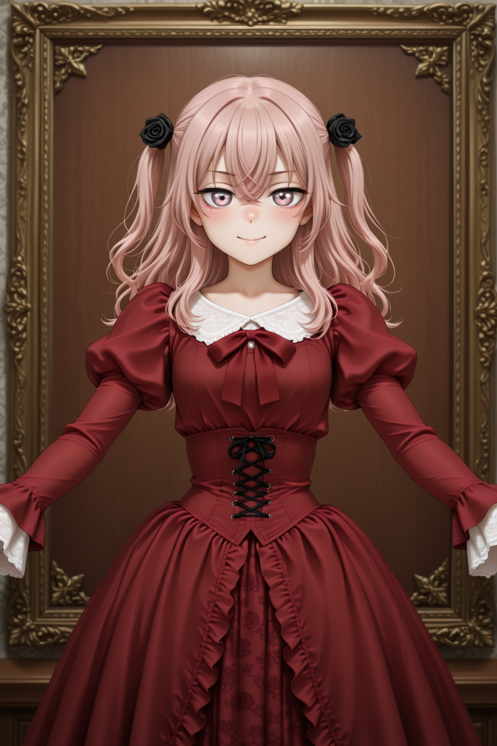 masterpiece, best quality, amazing quality, 1girl, solo, makeup, general, looking at viewer, blush, cowboy shot, smile, boutique, indoors, fancy, blush, lovely, spread arms, looking at viewer, <lora:sajuna-inui-s1-illustriousxl-lora-nochekaiser:1>, sajuna inui, inui sajuna, long hair, bangs, hair ornament, hair between eyes, pink hair, pink eyes, two side up, crossed bangs, black flower, black rose, mature female, small breasts, <lora:Victorian_Whim_Velvet_Dress:1>, Victorian_Whim_Velvet_Dress, long dress, red dress, puffy long sleeves, juliet sleeves, frills, red bow, red ribbon, floral print, cross-laced clothes, corset, <lora:wai-2Rectified-V140:1>, <lora:illustrious_noobai_epsilon_pred_1_masterpieces_v1:1>