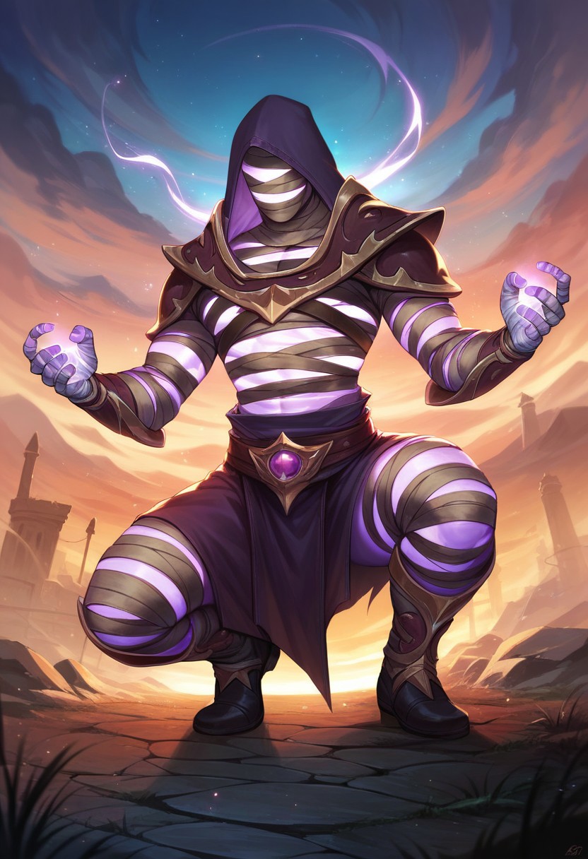 score_9, score_8_up, score_7_up, score_6_up, ultra quality, smooth_outlines, source_cartoon, 1boy, hood, etherealxl, (Ethereal body), (magical creature), no humans, magical body, ((no skin)), wrapped in bandages, mummy, eyeless, mouthless, solo, posing, random pose, squatting, action shot, armor, 4k, hi res, sky background