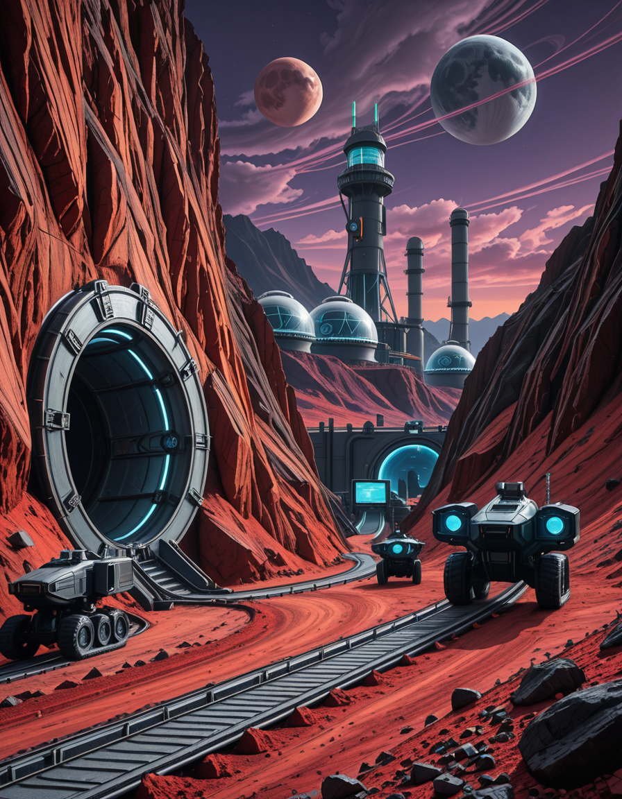 A futuristic mining outpost on a distant, rocky planet with a harsh, alien landscape. The mine entrance is a massive, reinforced metal tunnel carved into the side of a jagged, dark-red mountain. Advanced, glowing blue energy lights line the entrance, illuminating the metallic tracks that lead deep underground. Large, heavily-armored mining vehicles with mechanical arms and drills are stationed nearby, extracting rare minerals from the rock. The ground is covered in fine, reddish dust, kicked up by the movement of autonomous robotic drones that transport ore to a towering industrial refinery in the background. The sky is a deep, dark purple with swirling clouds and two distant moons casting a cold, eerie glow. In the distance, futuristic habitation domes with transparent walls house workers in protective exosuits, their silhouettes visible inside. A neon-lit control tower monitors operations, its holographic screens displaying real-time data. The atmosphere is both desolate and technologically advanced, evoking a sense of exploration and survival on the edge of the galaxy.
<lora:SDXLFaeTastic2400:0.4> <lora:extremely_detailed:0.4> extremely detailed,futuristic mining 0utp0st, <lora:futuristic_mining_0utp0st-i:1>, Masterpiece,best quality,hi res,8k,hi res,8k,award winning,(sharp focus, intricate, highly detailed),