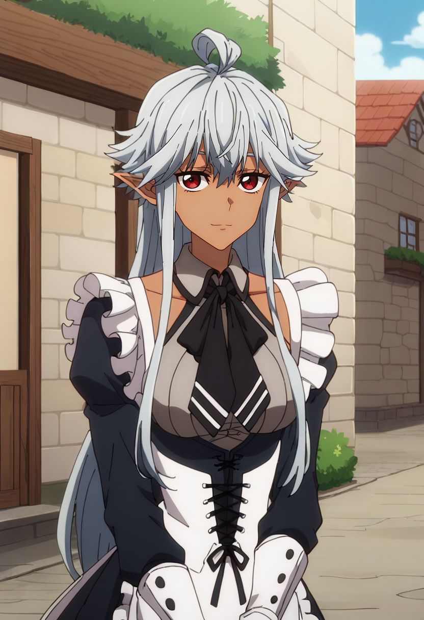 score_7_up, anime screencap,
<lora:ShinmaiOssanBoukensha_ReanetteElfeltXL:0.8>, ReanetteElfelt,
1girl, solo, light smile,
dark skin, grey hair, red eyes, long hair, pointy ears, ahoge,
maid, maid headdress, black dress, frills, clothing cutout, black neckerchief, corset, apron, white gloves,
standing, looking at viewer,
outdoors, street, medieval
