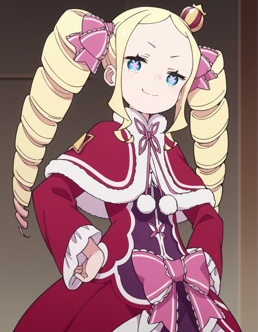 score_9, score_8_up, score_7_up, source_anime, <lora:rezero-beatrice-s3-leak-ponyxl-lora-nochekaiser:1>, beatrice, long hair, blue eyes, blonde hair, twintails, hair ribbon, sidelocks, symbol-shaped pupils, drill hair, twin drills,, dress, ribbon, fur trim, capelet, crown, mini crown, red capelet, frills, bowtie,, indoors, smug, smile, looking at viewer, solo, hands on hips,, cowboy shot, dutch angle