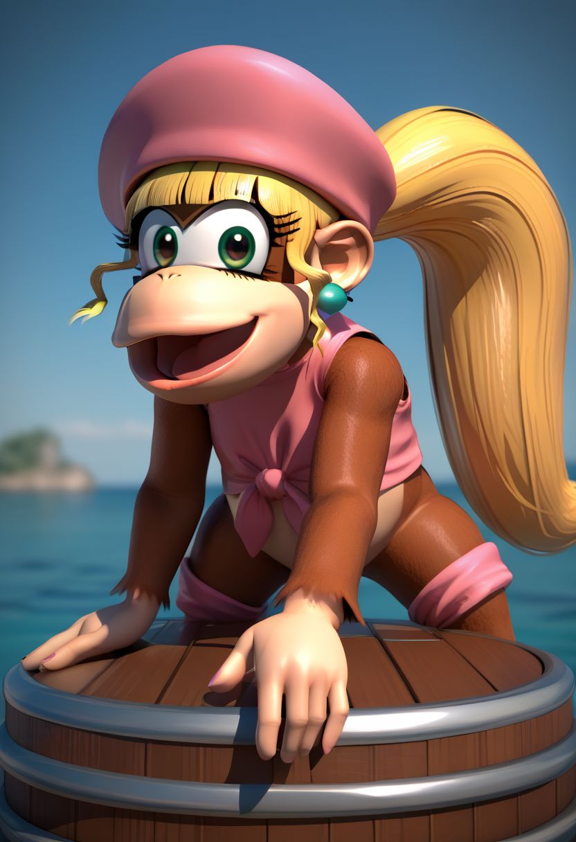 (source_furry, source_cartoon, score_9, score_8_up, score_7_up:1), solo female, dixie kong, looking at viewer, smile, open mouth, 3d