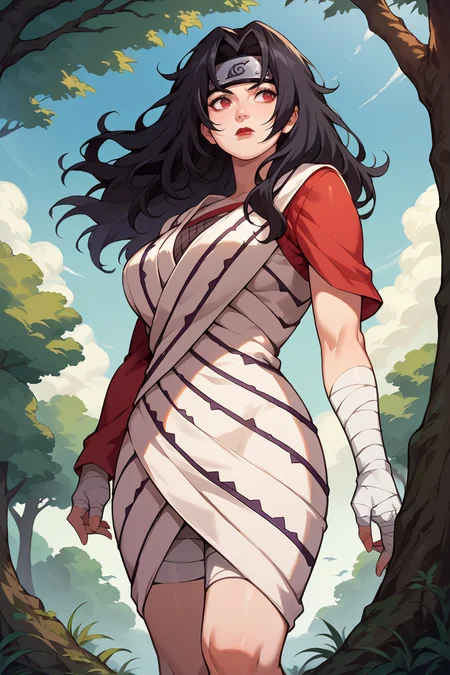 score_9, score_8_up, score_7_up, score_6_up, source_anime, 1girl, solo, <lora:kurenaiyuhi-pdxl-nvwls-v1-000005:1> kurenai, red eyes, black hair, long hair, forehead protector, lipstick, fishnet top, single sleeve, white dress, bandages, bandaged arm, toeless footwear, big breasts, looking to the side, blue sky, trees, clouds, standing