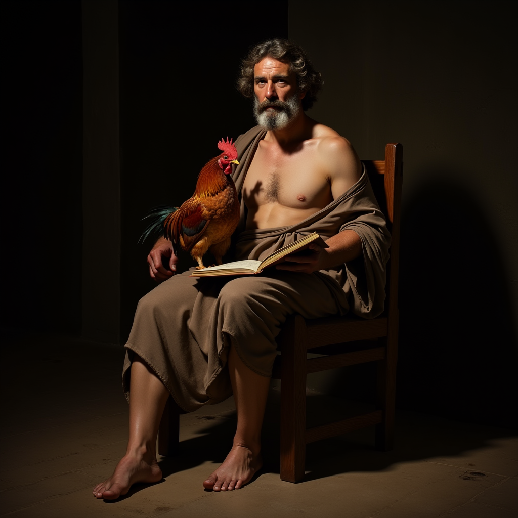 <lora:Chiaroscuro Lighting Style v1:1>
Chiaroscuro Lighting Style of a painting of a ancient philosopher sitting on a chair with a rooster, sharp, detailed, perfect, perfection, realism, cinematic exposure, cinematic color, cinematic contrast, dramatic style, cinematic style, dramatic shadow, partially covered in shadow, Chiaroscuro Lighting Style, solo, brown hair, 1boy, brown eyes, sitting, male focus, barefoot, book, facial hair, bird, beard, realistic, mustache, old, chest hair, old man, chicken, leg hair, fine art parody, animal, holding, holding book, rooster