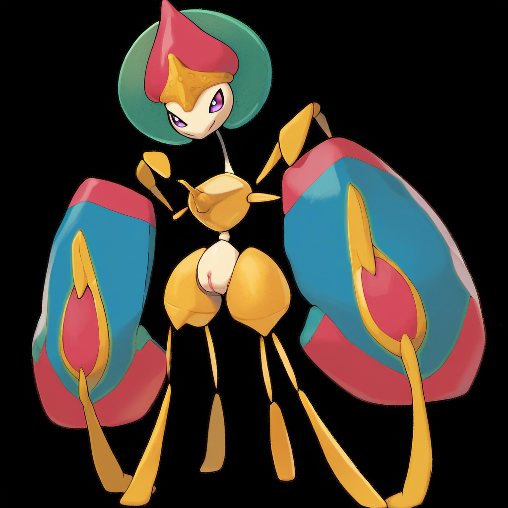 source_furry, rating_explicit,  <lora:pokemon_pony_xl:0.8>, Type: Bug, Type: Fighting, Egg Group: not obtainable, is an Ultra Beast that resembles a feminine anthropomorphic cockroach, It is primarily white with a thin build, Its torso is composed of five thin discs that droop slightly downward, The widest disc makes up its shoulders, the second widest its hips, and the two smallest its chest and waist, There is a gold ovoid inside of the widest disc, where its long, thin neck protrudes from, Its arms and legs are also long and thin with gold joints, Its hands and feet are both composed of two golden claws, has a small, semi-flattened head with a yellow, crown-like structure on top, The two tallest points of the crown point to its long, thin antennae, which are white with small gold balls at the tips, Attached to the back of its head are two structures resembling insect wings, The wings are transparent, curve slightly inward, and reach nearly to the ground, It has narrow, purple eyes with bright blue pupils, nipples, pussy, score_9, score_8_up, score_7_up, score_6_up, score_5_up, score_4_up