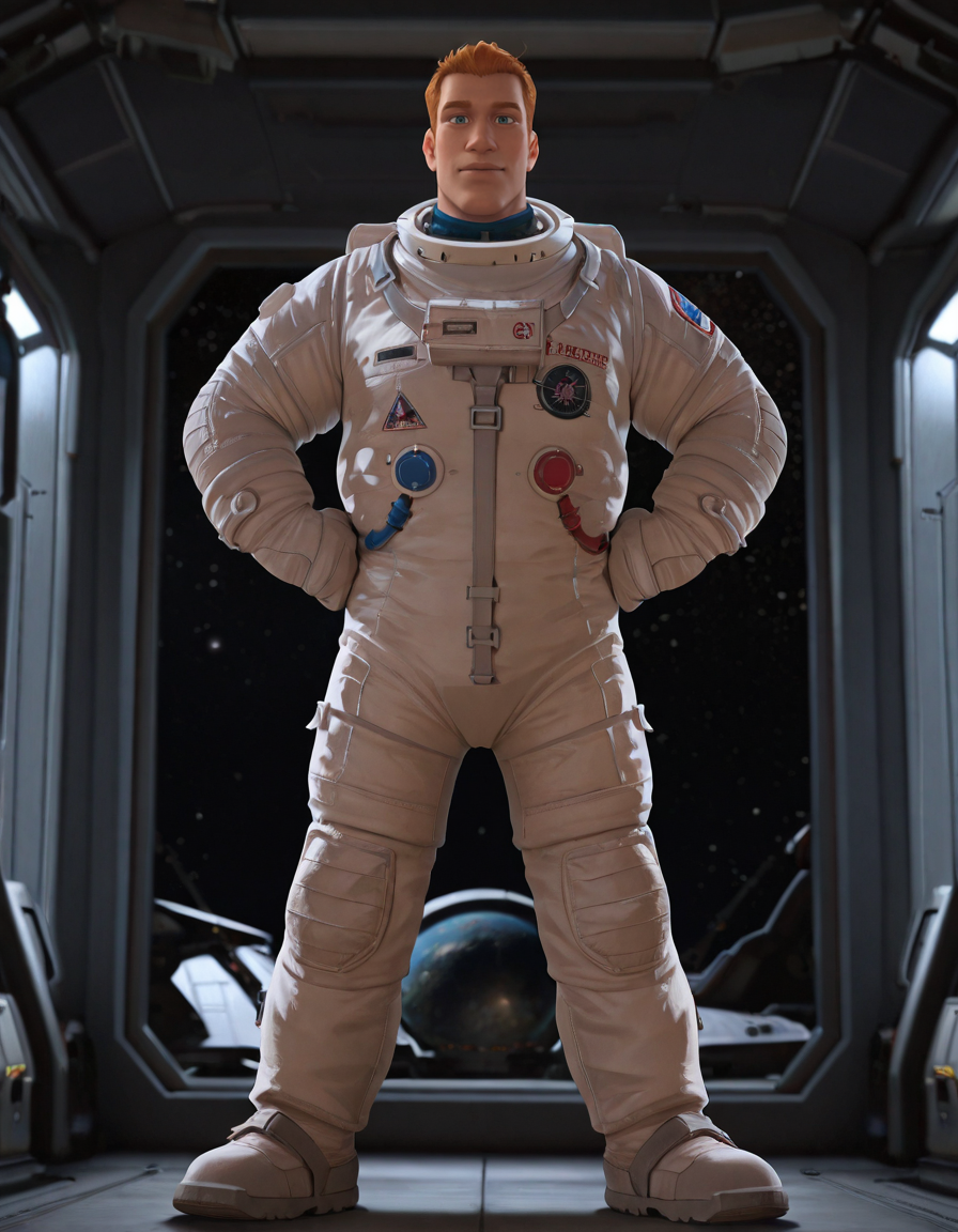 cinematic_depth, 8k, soft_lighting, warm_glow, ultra_high_quality, masterpiece, best quality, newest, perfect quality, best quality, detailed background, intricate details, male focus, solo, realistic, <lora:Planet 51 - Chuck Baker - Illustrious-000006:0.7>  c_baker, 1boy, tall male, red hair, blue eyes, solo, full body, looking at viewer, spacesuit, indoors, spacecraft, window, space, stars, hands on own hips