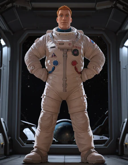 cinematic_depth, 8k, soft_lighting, warm_glow, ultra_high_quality, masterpiece, best quality, newest, perfect quality, best quality, detailed background, intricate details, male focus, solo, realistic, <lora:Planet 51 - Chuck Baker - Illustrious-000006:0.7> c_baker, 1boy, tall male, red hair, blue eyes, solo, full body, looking at viewer, spacesuit, indoors, spacecraft, window, space, stars, hands on own hips