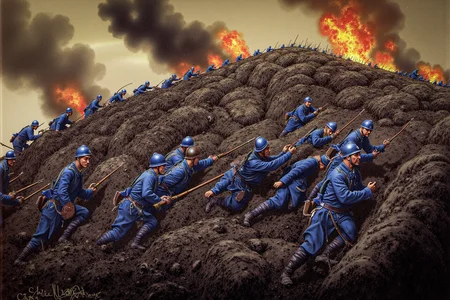 In the midst of an unrelenting artillery barrage, the French Poilus, easily identifiable by their blue greatcoats and Adrian helmets, struggle to maintain their footing as they advance up the "Ant Hill." The hill is an imposing, jagged rise of earth and rubble, its surface scorched and torn by countless explosions. The soldiers' uniforms, now caked with mud and ash, contrast starkly against the dark, hellish landscape. Flames erupt sporadically from the ground, casting flickering shadows that make the soldiers' movements appear ghostly and surreal. The sky above is a chaotic mix of swirling clouds and fire, the air thick with the acrid smell of burning earth. Despite the overwhelming odds, the Poilus push forward, their eyes locked on the summit, their faces set in expressions of steely resolve. The battlefield around them is a vision of the underworld, but these soldiers, hardened by months of brutal combat, press on, driven by a determination that no inferno can extinguish. <lora:metal_hurlant_v1:0.75> <lora:french_soldier_flux_v1:1>