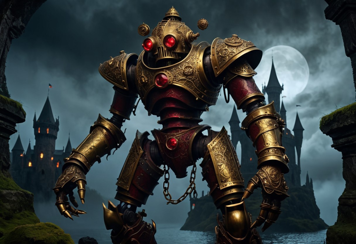 giant bipedal robot brass and dark red, bronze paisley robot. lacy robot metal. GOLD diving helmet head. outside of a steampunk keep. large detailed torso. dark image. one forty foot tall ancient robot with great arms and two heavy spring legs. dark foggy night background. $dark foggy night image only. dark photo realistic image. steampunk details. cogs, chains and pipes incorporated in the fantasy buildings. magic wizards tower in background. Dark swamp, moss, castle ruins, wizards tower. stormy dark night.  stormy sky.