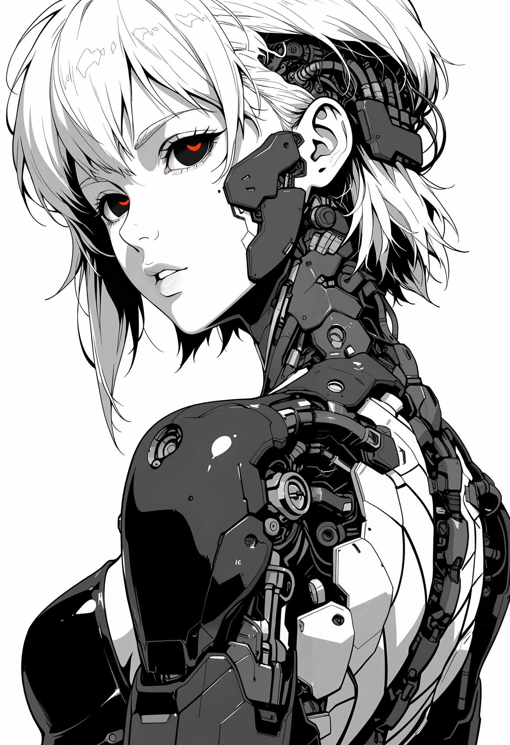 masterpiece, best quality, good quality, very aesthetic, absurdres, newest, 8K, depth of field, focused subject, ghost in the shell aesthetic, monochrome, black and white, line art, sketch style, technical drawing, closeup quarter upper body shot, from behind, almost from side, 1girl, cyborg, gynoid, face focus, segmented face with panel lines, dark vacant eyes, looking back, parted lips, intricate exposed mechanical components above cranium, cyberpunk, high contrast black and white background, clinical atmosphere.