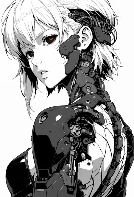 masterpiece, best quality, good quality, very aesthetic, absurdres, newest, 8K, depth of field, focused subject, ghost in the shell aesthetic, monochrome, black and white, line art, sketch style, technical drawing, closeup quarter upper body shot, from behind, almost from side, 1girl, cyborg, gynoid, face focus, segmented face with panel lines, dark vacant eyes, looking back, parted lips, intricate exposed mechanical components above cranium, cyberpunk, high contrast black and white background, clinical atmosphere.