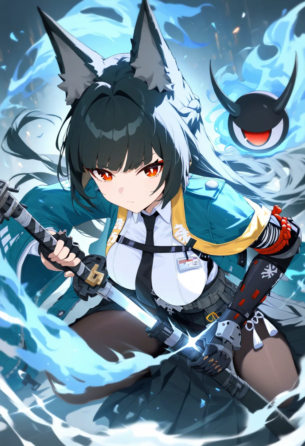 masterpiece, best quality, high score, great score, absurdres, 1girl, hoshimi miyabi, tailless \(zenless zone zero\), zenless zone zero, unsheathing, wolf ears, katana, serious