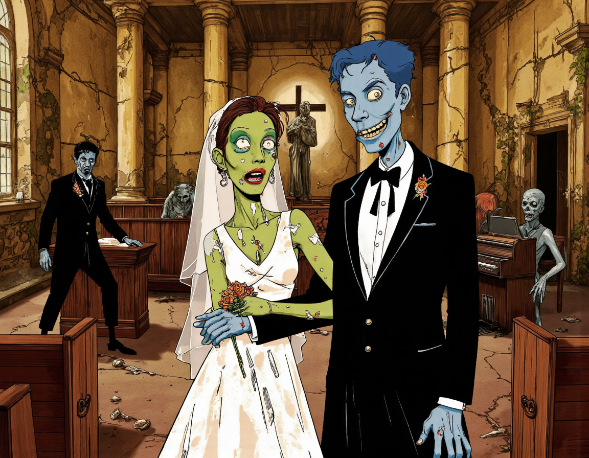 <lora:cartoonvibes:0.65> cartoonvibes, A vibrant, cartoon-style illustration of a humorous zombie couple exchanging vows in a whimsical wedding ceremony. The zombie groom, with pale green skin, tattered black tuxedo, and a few missing buttons, has a goofy grin on his face, showcasing his crooked teeth and a hint of dirt on his cheek. His bride, a zombie woman with pale blue skin, wears a beautiful, albeit tattered and stained, white wedding dress, complete with a delicate lace veil and a bouquet of dead flowers. Her hair is styled in a messy, undead updo, with a few loose strands framing her face. The couple's eyes are both a cloudy white, with the groom's left eye slightly dangling from its socket, adding to the comedic effect. The lighting is warm and playful, with soft, golden tones casting a romantic glow over the scene, while also highlighting the humorous, undead details. The ceremony takes place in a rundown, abandoned church, with crumbling stone walls, overgrown with vines and moss, and a few scattered, empty pews in the background. A zombie priest, with a tattered clerical collar and a few missing limbs, stands before the couple, a holy book in hand, as if waiting for them to exchange their vows. The atmosphere is lighthearted and comedic, with a few humorous details, such as a zombie guest in the background, playing a battered, old organ, and another zombie, serving as the ring bearer, stumbling down the aisle. The shot is a wide-angle, capturing the entirety of the scene, with a shallow depth of field, blurring the background and focusing attention on the happy, undead couple. The image features a textured, painterly style, with bold lines and vibrant colors, adding to the overall cartoonish, comedic vibe. . 35mm photograph, film, bokeh, professional, 4k, highly detailed