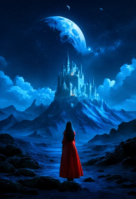 1girl, solo, long_hair, black_hair, dress, standing, outdoors, sky, cloud, from_behind, cape, night, moon, red_dress, building, star_\(sky\), night_sky, scenery, full_moon, starry_sky, rock, mountain, fantasy, facing_away, wide_shot, planet, castle, tower, red_moon, 748cmstyle,seb mckinnon , masterpiece, best quality, amazing quality, very aesthetic, absurdres, newest, detailed, realistic, scenery, (volumetric lighting)