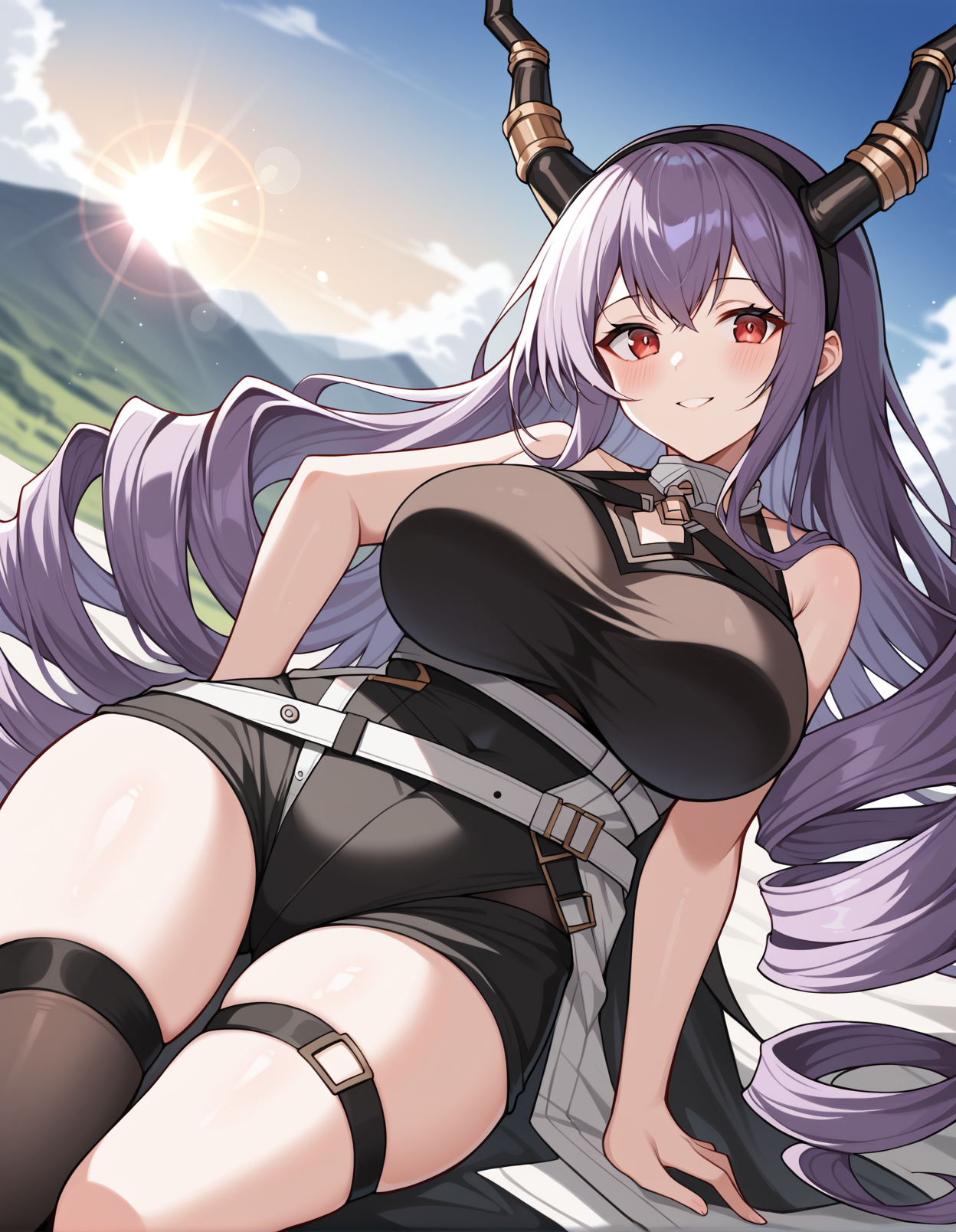 score_9, score_8_up, score_7_up, source_anime, rating_safe, BREAK <lora:arkTyphonXL_LoRA-C3Lier_AdamW_Dim16_Alpha16_UN-3e-4_TE-1.5e-4_10batch_ponyDiffusionV6XL_v6StartWithThisOne:1>, typhon \(arknights\), 1girl, long hair, very long hair, purple hair, sidelocks, drill hair, twin drills, large breasts, red eyes, black hairband, horns, sleeveless shirt, black shirt, clothing cutout, bare shoulders, belt, buckle, covered navel, black leotard, black shorts, thigh strap, thigh belt, asymmetrical legwear, single thighhigh, black thighhighs, dutch angle, light smile, blush, looking at viewer, sitting, sunrise, sunlight, lens flare, gradient sky, backlighting, mountainous horizon, depth of field, perspective