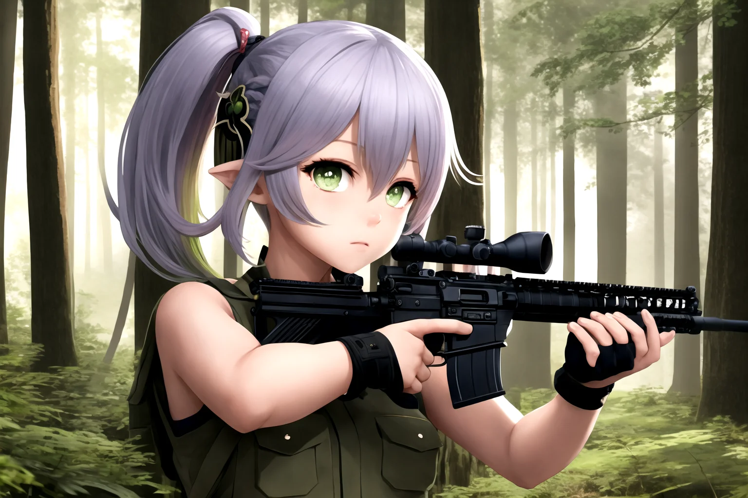 masterpiece, best quality, 1girl, m4a1, nahida_genshin, cross-shaped pupils, side ponytail, default_dress, rifle, trigger discipline, forest background <lora:nahidav2:0.8> <lora:m4a1:0.8>