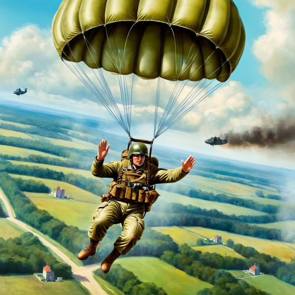 concept art of a painting of a paratrooper in a parachute suit flying in air Saving Private Ryan Cinematic Film Style
 <lora:Saving Private Ryan Cinematic Film Style:1>
 <lora:PerfectEyesXL:1> <lora:lora6:1>
 <lora:perfect hands:1>
perfect hands, digital artwork, illustrative, painterly, matte painting, highly detailed