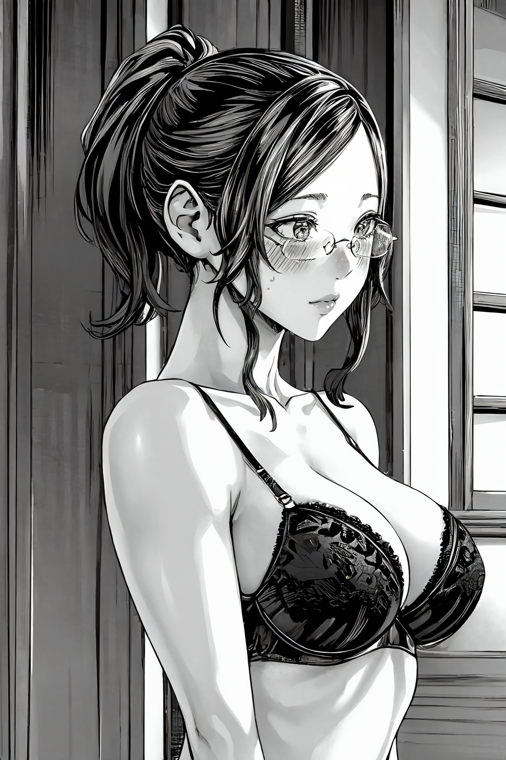 (masterpiece, best quality:1.2), highres, (greyscale, monochrome:1.2), 1girl, solo, blush, 
Kayoko_Hoshi, mature female, short hair, ponytail, parted bangs, sidelocks, glasses, rimless eyewear, large breasts, 
black bra, black panties, black garter straps, black garter belt, black thighhighs, 
close-up face, 
indoors, school, 
<lora:add_detail_CyberAlchemist:0.2>, <lora:GoodHands-beta2:0.8>, <lora:KayokoHoshi-000010:0.9>