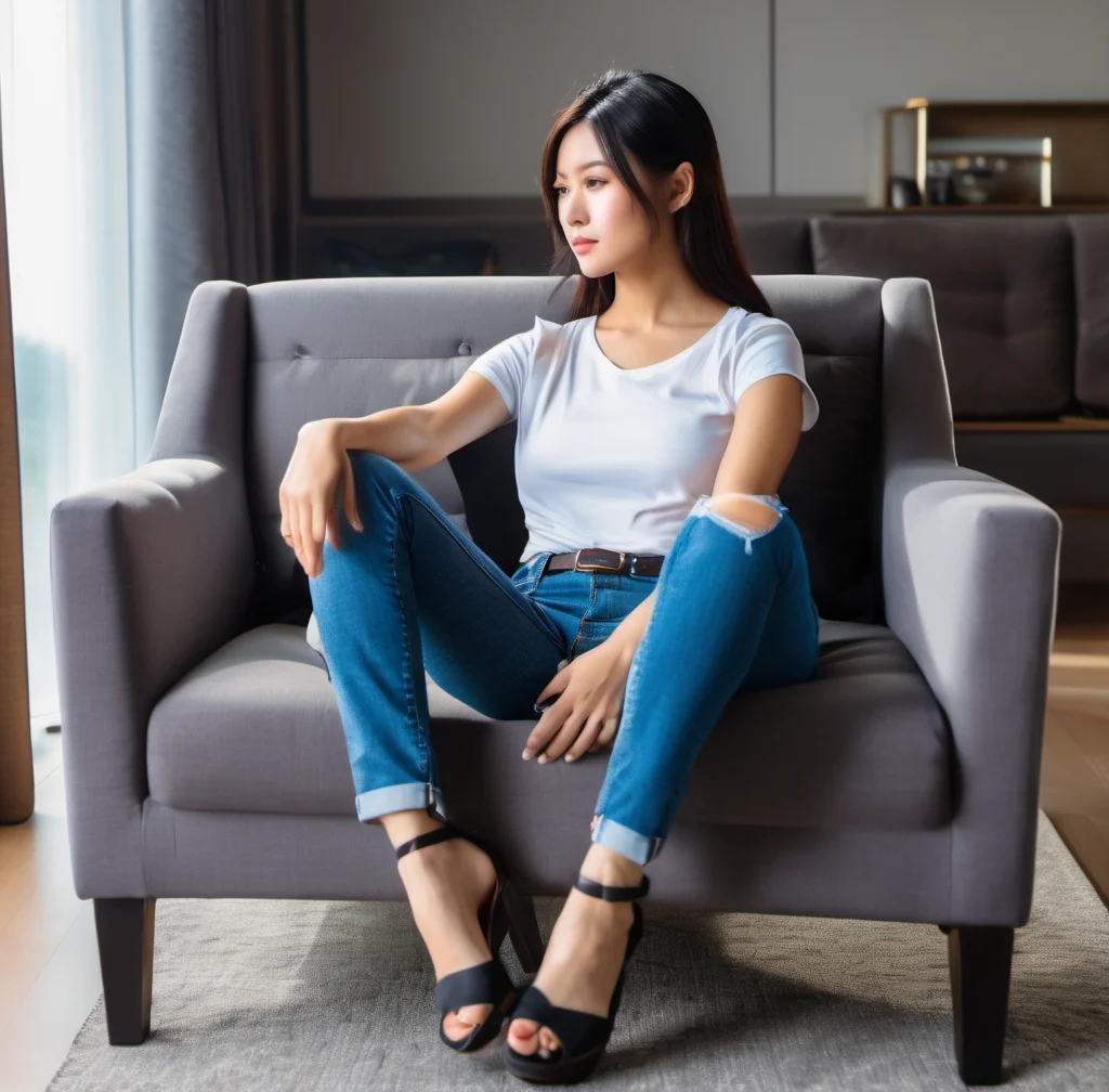 beautiful asian woman wearing jeans and a ((t-shirt)), sitting an arm chair feet apart <lora:woman_feet_apart:1>, hi detail, sharp focus, perfect lighting, awesome, dslr, 4k high quality. extra detail, extra sharp, magical, perfect moment, natural skin, pores