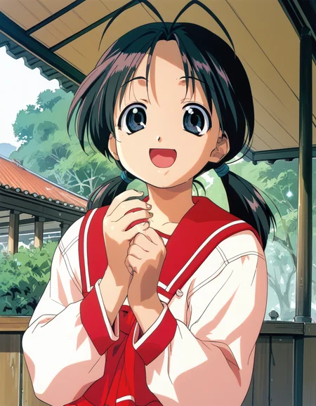 score_9, score_8_up, score_7_up, <lora:to-heart-ponyxl:0.9> 1girl, solo, hinayama rio, black hair, antenna hair, low twintails, serafuku, open mouth, happy, outdoors
