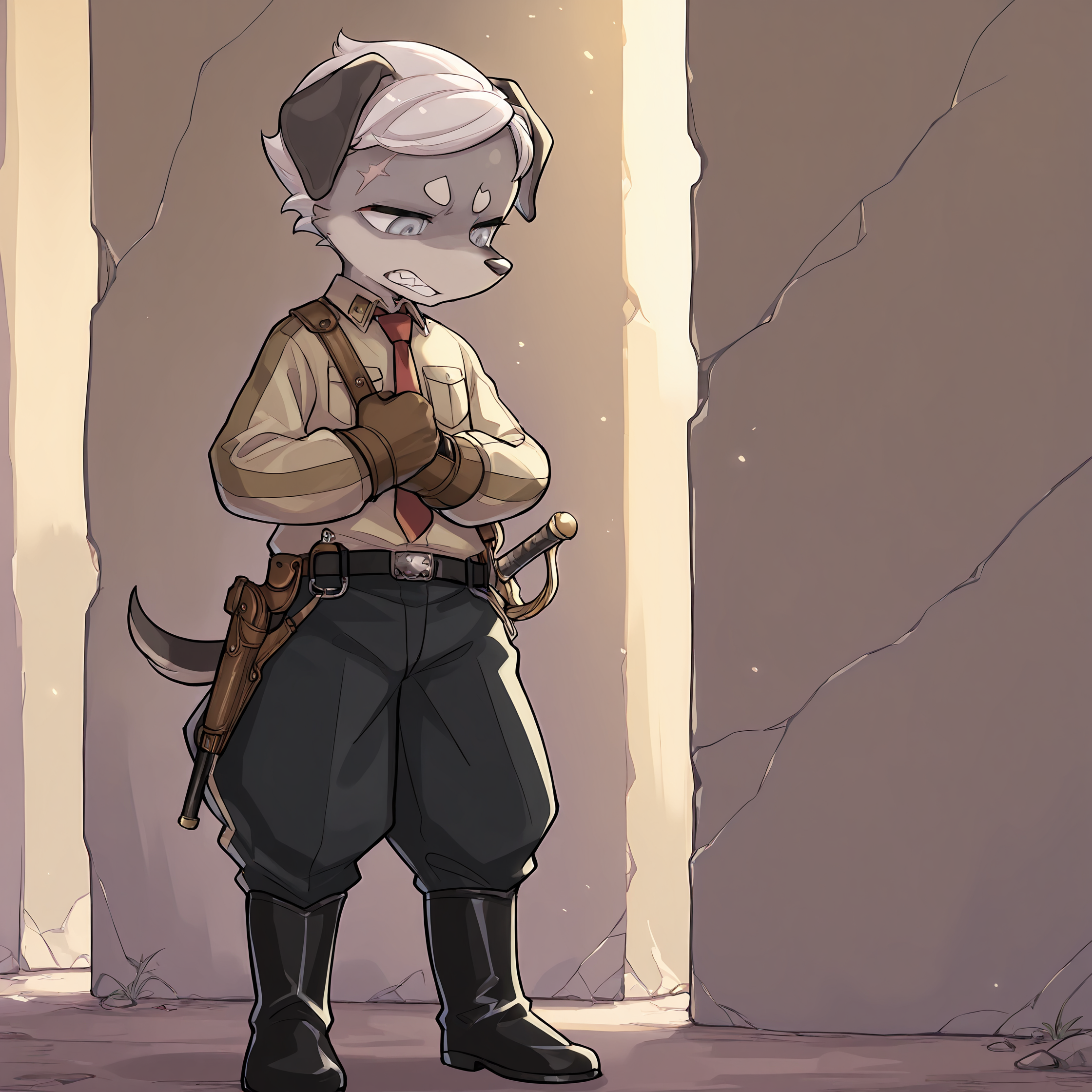 masterpiece, best quality, very aesthetic, newest, absurdres, highly-detailed, ultra-detailed, cinematic lighting, dramatic lighting, pastel colors,
BREAK, <lora:Britz_Strudel:1>, britz strudel, fuga: melodies of steel, kemono, furry male, young male, 1boy, dog boy, grey fur, beige fur, multicolored fur, grey eyes, short hair, white hair, scar above right eye, animal ears, dog ears, floppy ears, dog tail, brown tail, Fuga 1 appearance, short hair, slick hair,
BREAK, Fuga 1 Outfit, Berman Uniform, high black boots, black military pants with two white stripes, belt, beige button-up uniform shirt, red necktie, brown gloves, brown sling, gun holster, pouches, sword, sheathed,
BREAK, solo, full body, standing, hand on chest, fist, looking down, angry, bared teeth, looking away
