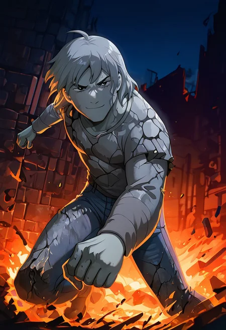 masterpiece, best quality, amazing quality, very aesthetic, absurdres, newest,
 kevaf, black eyes, black pupils, white sclera,  1boy, solo,  eyebrows, 
stone hair, stone shirt, layered sleeves, short over long sleeves, thick, stone jeans, 
dynamic pose, turning to stone, petrification,, angry, smile, fighting pose, destroyed city, dark, night time, rebellion, protest, trash on fire, incoming punch, 
petrification, grey hair,, grey skin,