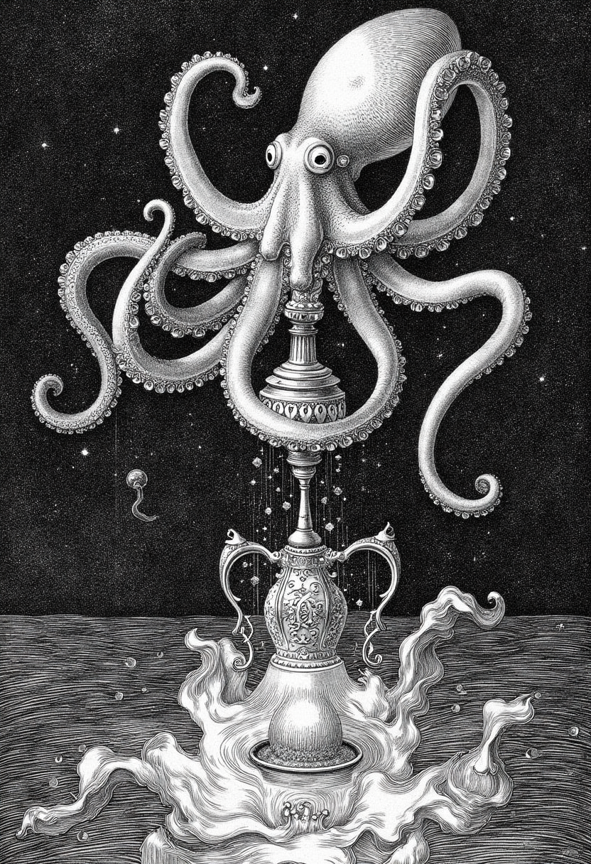 engraving in the style of yfg-durer, Digital painting style, (brushstrokes:1.2). A mystical, dreamy underwater scene unfolds, featuring an enchanting ink octopus as the central figure, its eight dexterous arms undulating in a hypnotic rhythm as it tenderly cradles a delicate, antique teapot adorned with intricate, swirling patterns that shimmer with an ethereal glow, the teapot emitting a soft, pulsing light that seems to be imbuing the surrounding water with a magical essence, the octopus's large, round eyes gleam with a knowing intelligence as it carefully pours a stream of glittering, iridescent ink from the teapot's spout into the water, creating a mesmerizing, swirling vortex of color that appears to be taking shape as a manifestation of the wishes being granted, the ink clouds coalesce into visions of fantastical creatures and wondrous landscapes, as the octopus's arms weave a subtle, spellbinding dance, its suckers leaving trails of glittering, shimmering stardust in the water, the atmosphere is one of enchantment and possibility, as the boundaries between reality and fantasy blur in the depths of this mystical, dreamy sea.