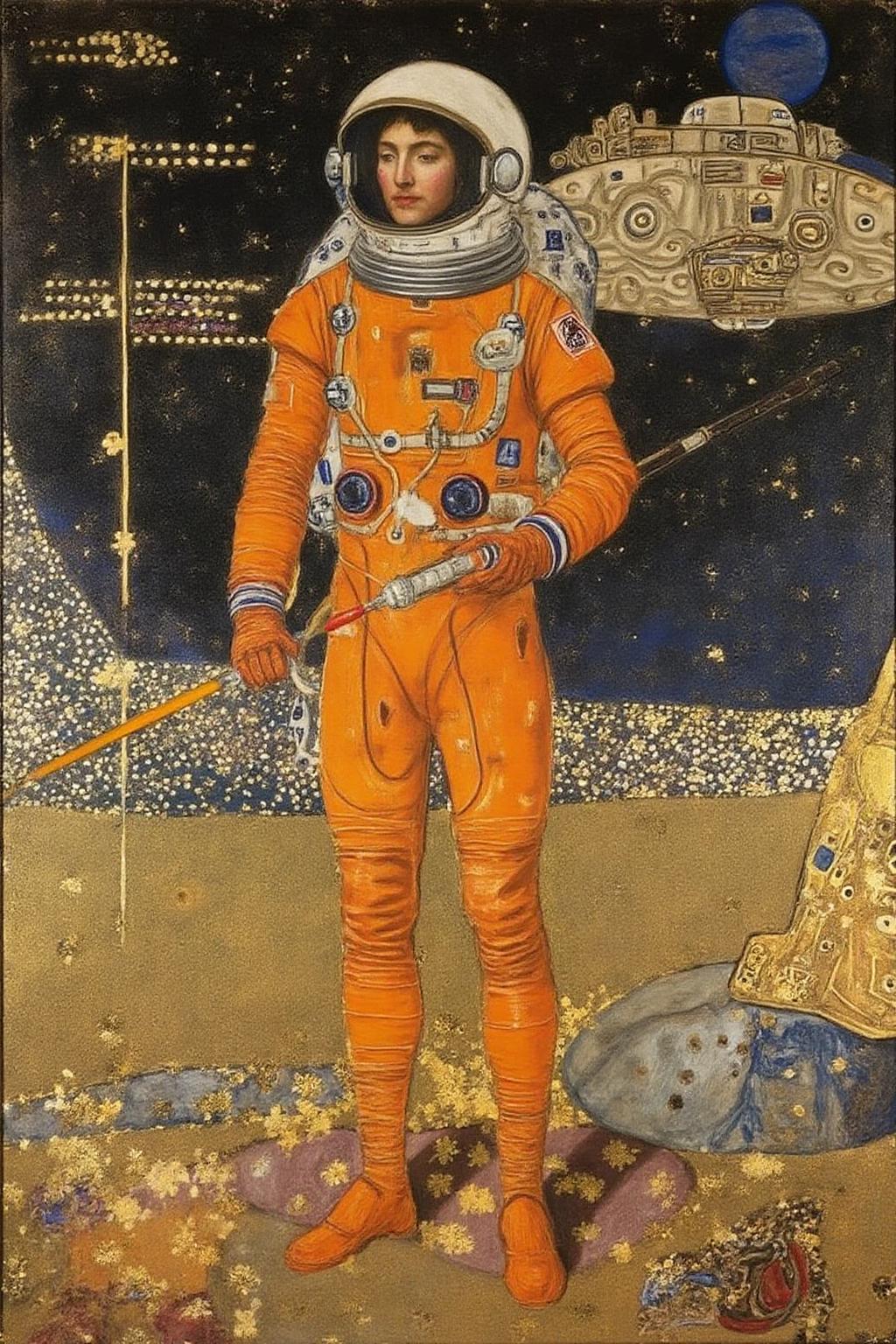 kl1mt painting. A serene astronaut, wearing a slick futuristic orange space suit, holding a giant laser, standing on an alien planet. A ancient spaceship is in the background. <lora:kl1mt_cap_d6a3e12:1.0><lora:823310776698812331:0>