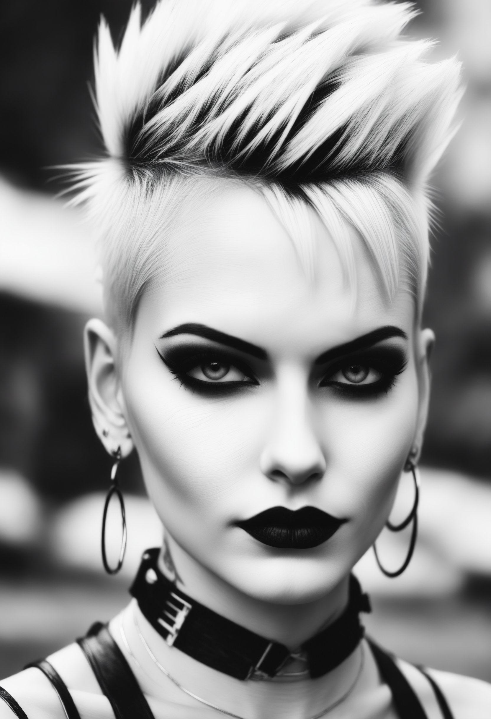 a black and white photo of a woman with a mohawk, by Shani Rhys James, tumblr, very very pale blond hair, iren horrors, shaved sides short top, eighties look, amy sol in the style of, gothic makeup, fluffy'', diesel punk female, clean shaved, edited