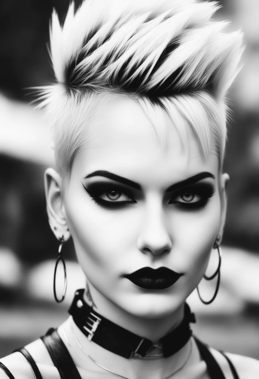 a black and white photo of a woman with a mohawk, by Shani Rhys James, tumblr, very very pale blond hair, iren horrors, shaved sides short top, eighties look, amy sol in the style of, gothic makeup, fluffy'', diesel punk female, clean shaved, edited