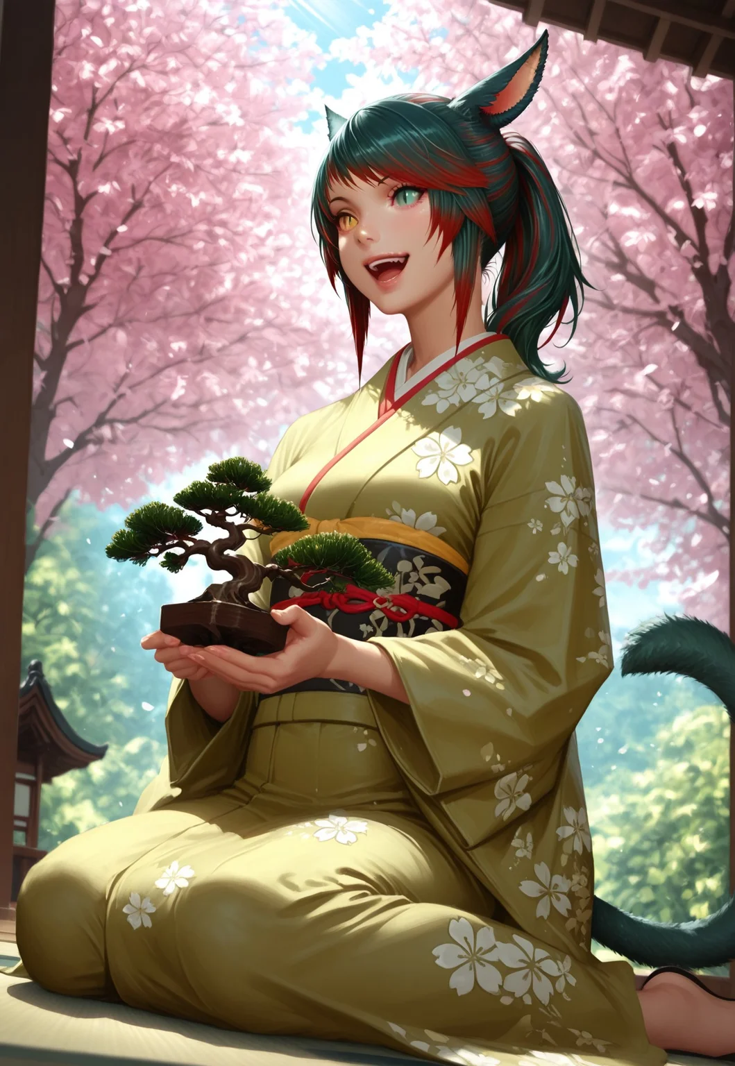 masterwork, masterpiece, best quality, dynamic lighting, dynamic pose, dynamic angle, (lineless:1.2), detailed, depth of field, dynamic lighting, (realistic:1.2), siriha, miqo'te, green hair, red hair, two-tone hair, tail, heterochromia, yellow eyes, green eyes, (slit pupils:1.2), beautiful flowery kimono, :D, wariza, holding bonsai, demure atmosphere, outdoors, japanese zen garden, cherry tree, sunrays through canopy